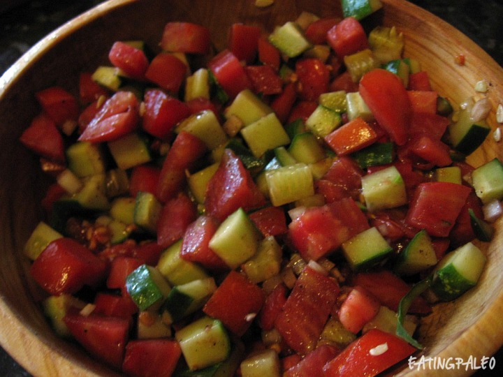 2 large tomatoes, 2 large cucumbers, 1 onion, olive oil and vinegar